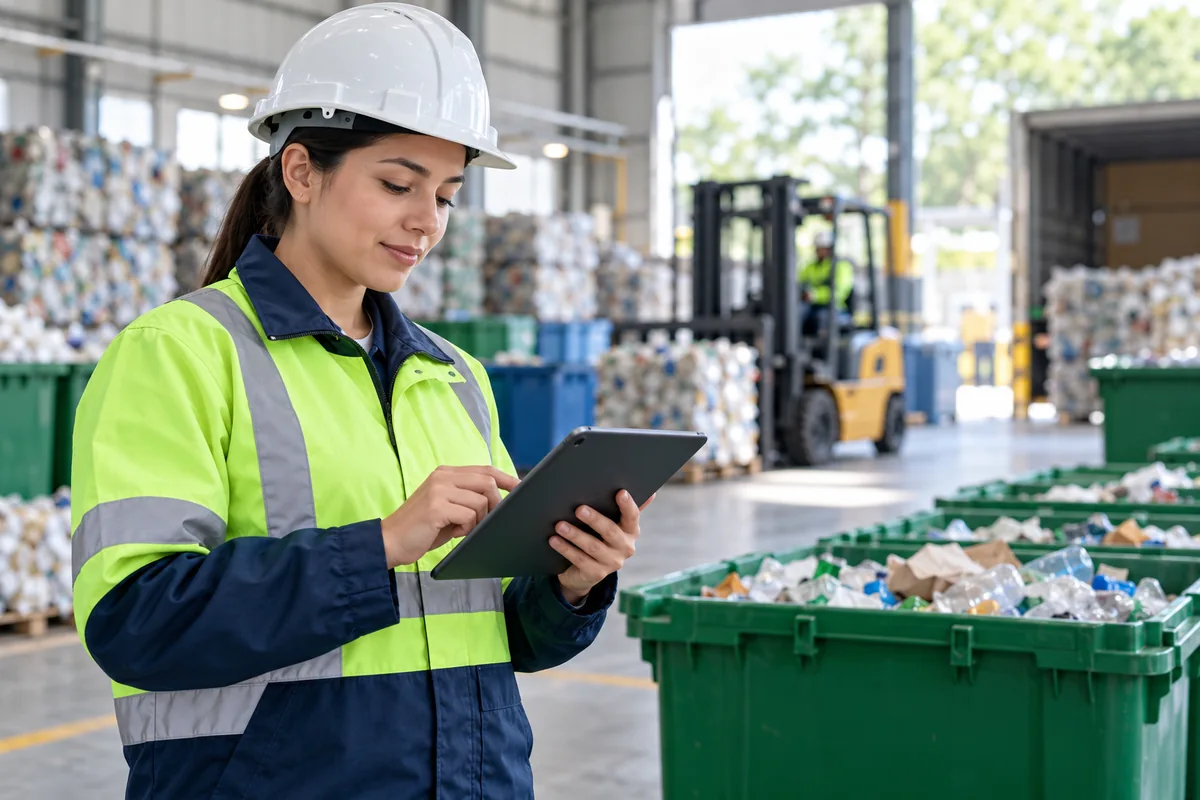 Sistema de gestión de residuos en México: especialista ambiental consultando información operativa en una tablet