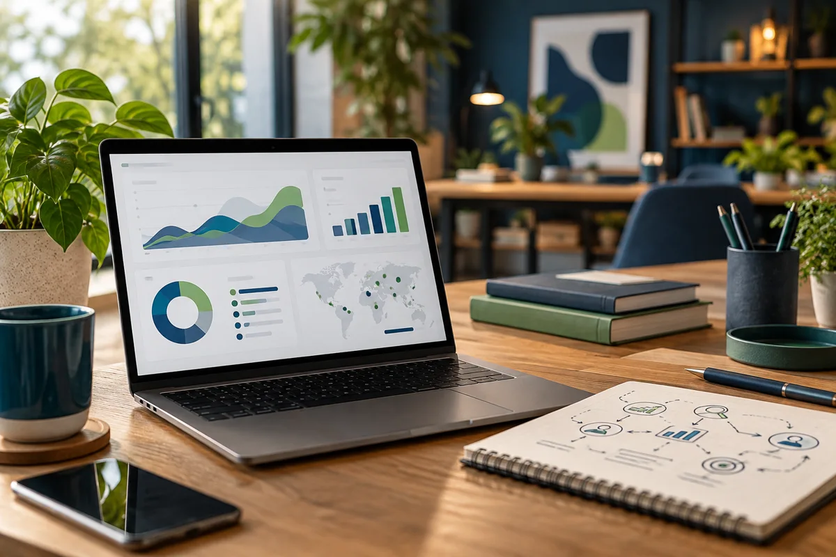 Imagen ilustrativa de un espacio de estrategia digital con herramientas de análisis